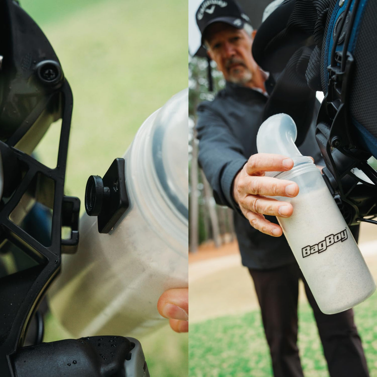 Bag Boy Sand/Seed Bottle White attached to golf cart during play.