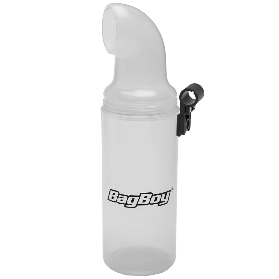 Bag Boy Sand/Seed Bottle White, side view, ready for divot repair.