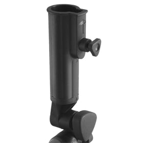 Bag Boy umbrella holder attached to golf cart tubing for secure shade on the course