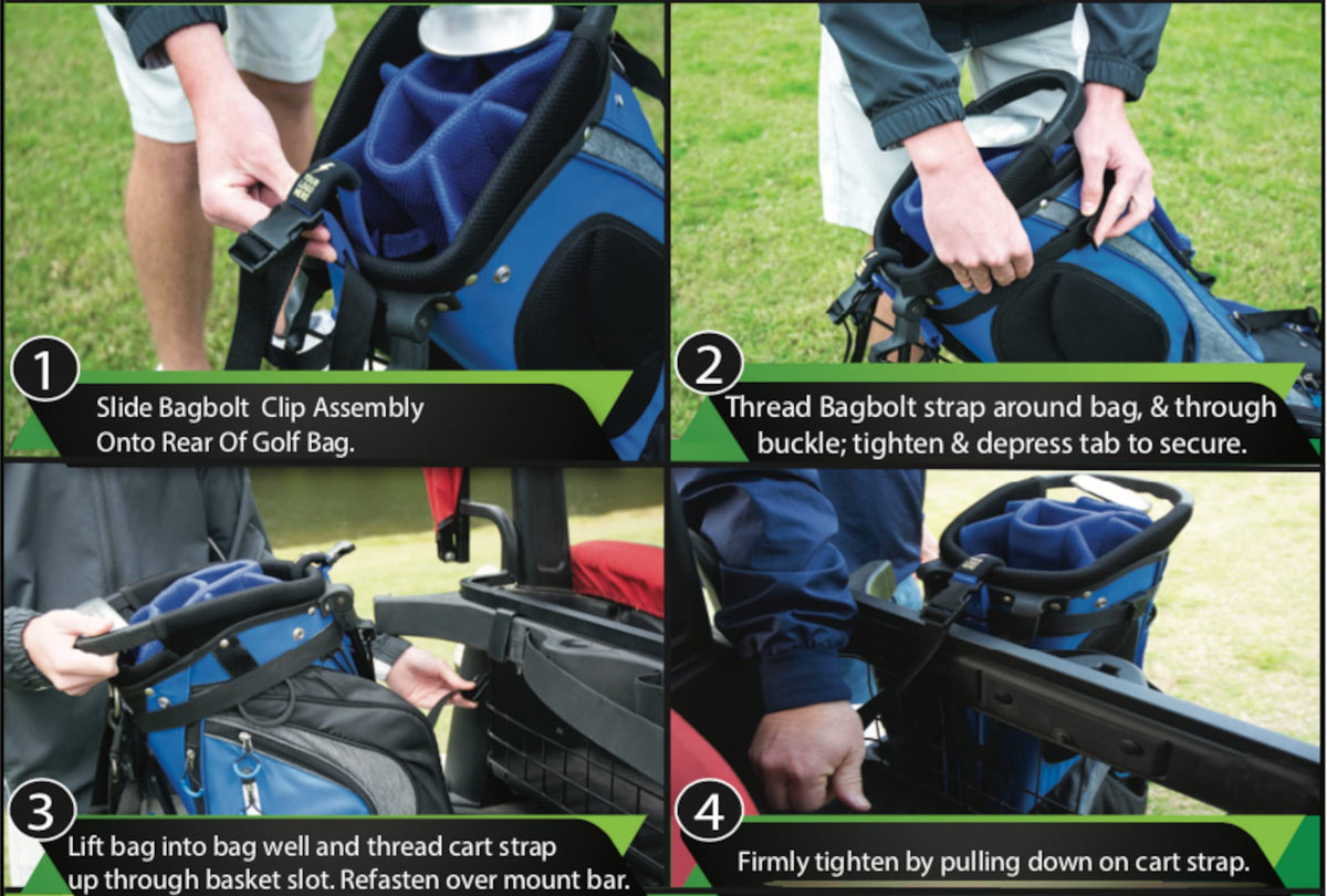 BagBolt universal fit system on diverse bags and carts
