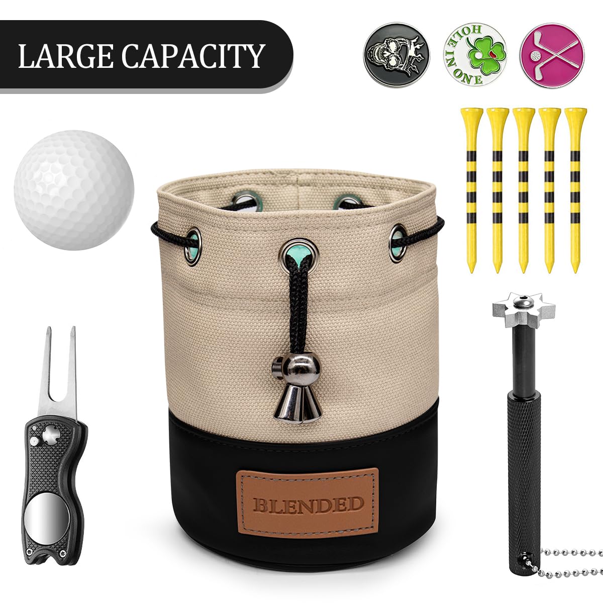 BAIRBRE golf pouch multi-pocket capacity stores tees, markers and sunscreen.