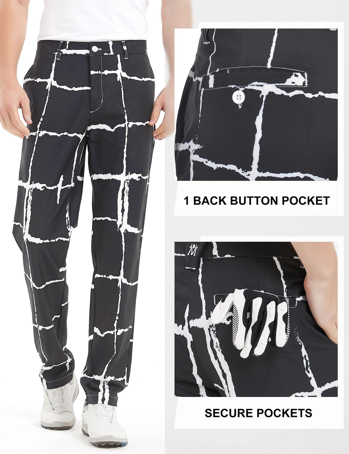 Bakery men's golf pants back pocket with button closure for secure storage