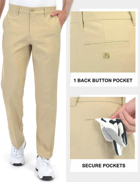 Bakery men's golf pants back pocket close-up with button closure for security