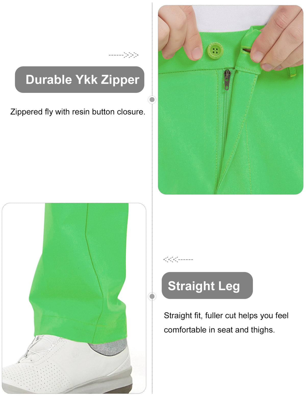 Bakery pants belt-closure and loops for secure on-course wear.