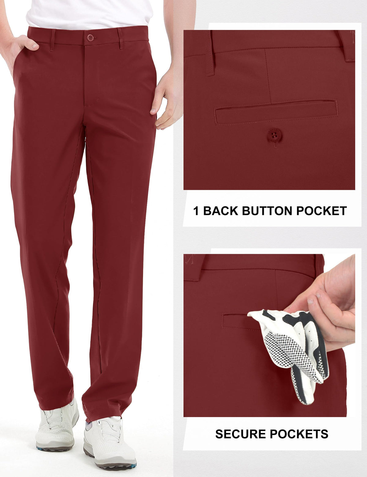 Bakery golf pants with multiple pockets to store essentials while playing.