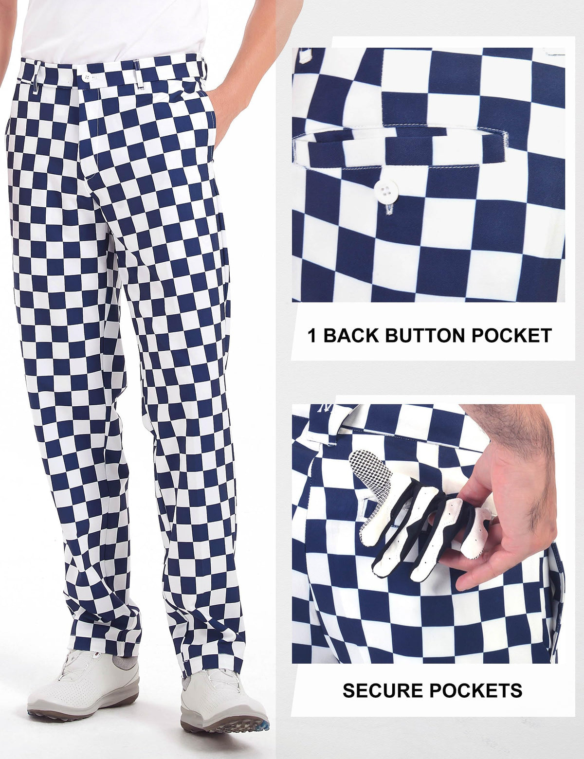 Bakery multiple-pocket golf pants—five-pocket design secures essentials.