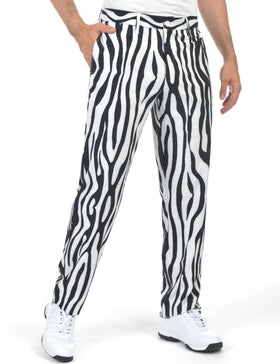 Bakery zebra striped golf pants front view showcasing bold pattern on the course.