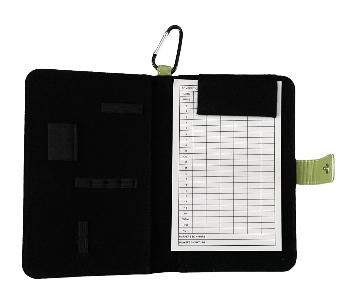 Balanced Co. leather scorecard holder close-up highlighting stitching and writing surface.