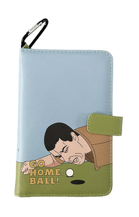 Balanced Co. leather scorecard holder front view with Go Home Ball for quick on-course scoring.