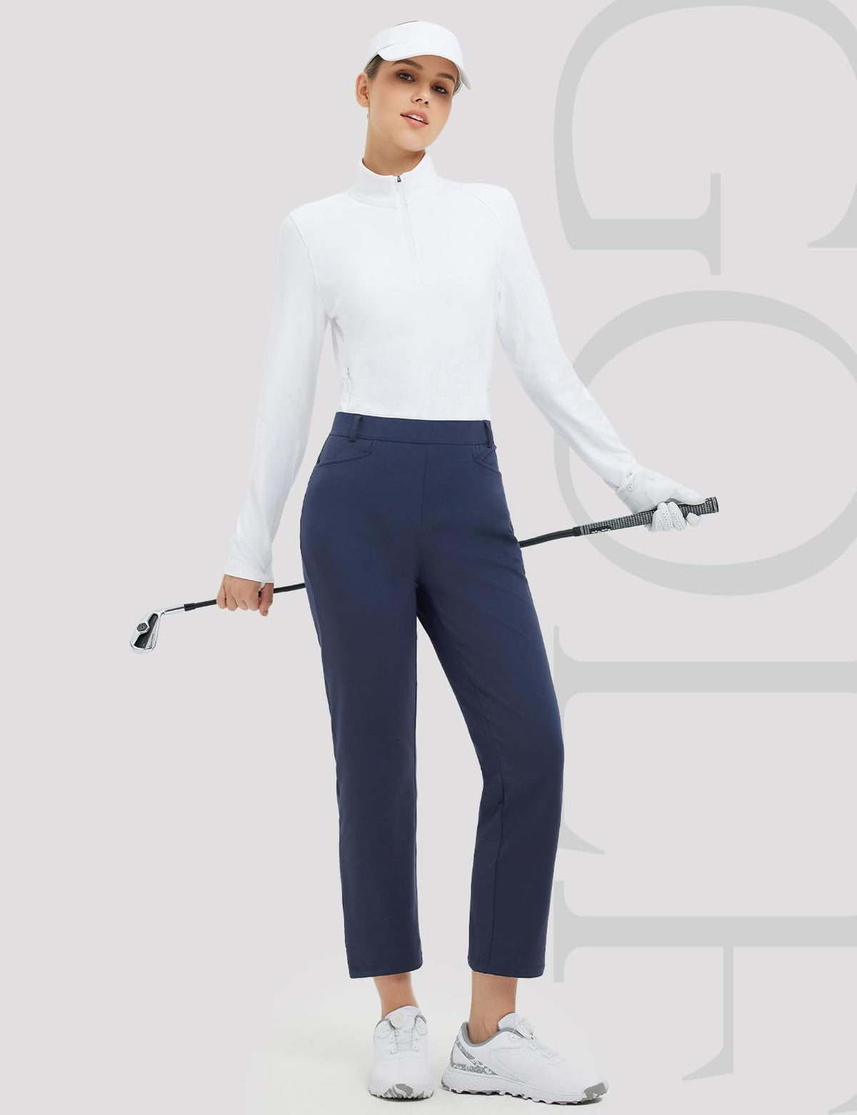 Baleaf elastic-waist golf pants with belt loops, navy for versatile fit.
