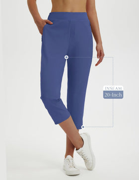 Waist detail shows hidden drawstring on baleaf blue capris for adjustable fit