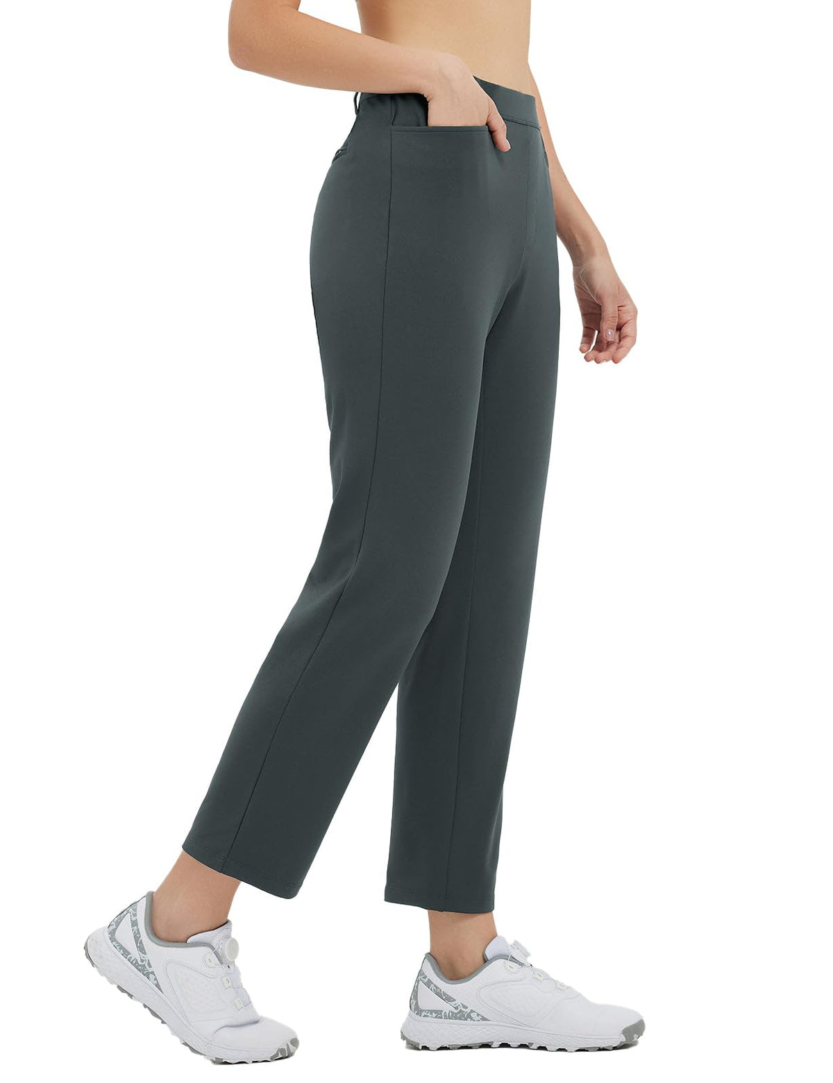 Baleaf women's fleece-lined golf pants side view demonstrating flexible movement in cold