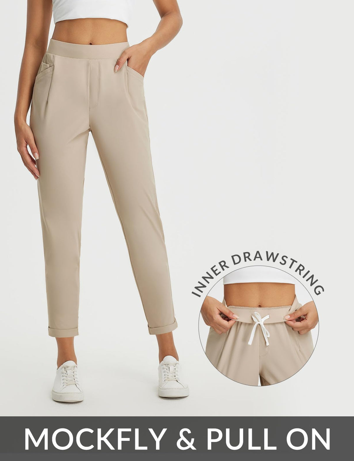 Baleaf pants showing formal to casual looks with flat waistband and mock fly