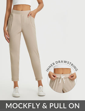 Baleaf pants showing formal to casual looks with flat waistband and mock fly