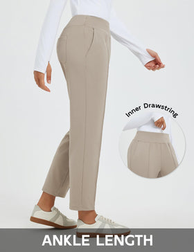 Baleaf khaki travel pants with back pockets for keys or accessories during travel.