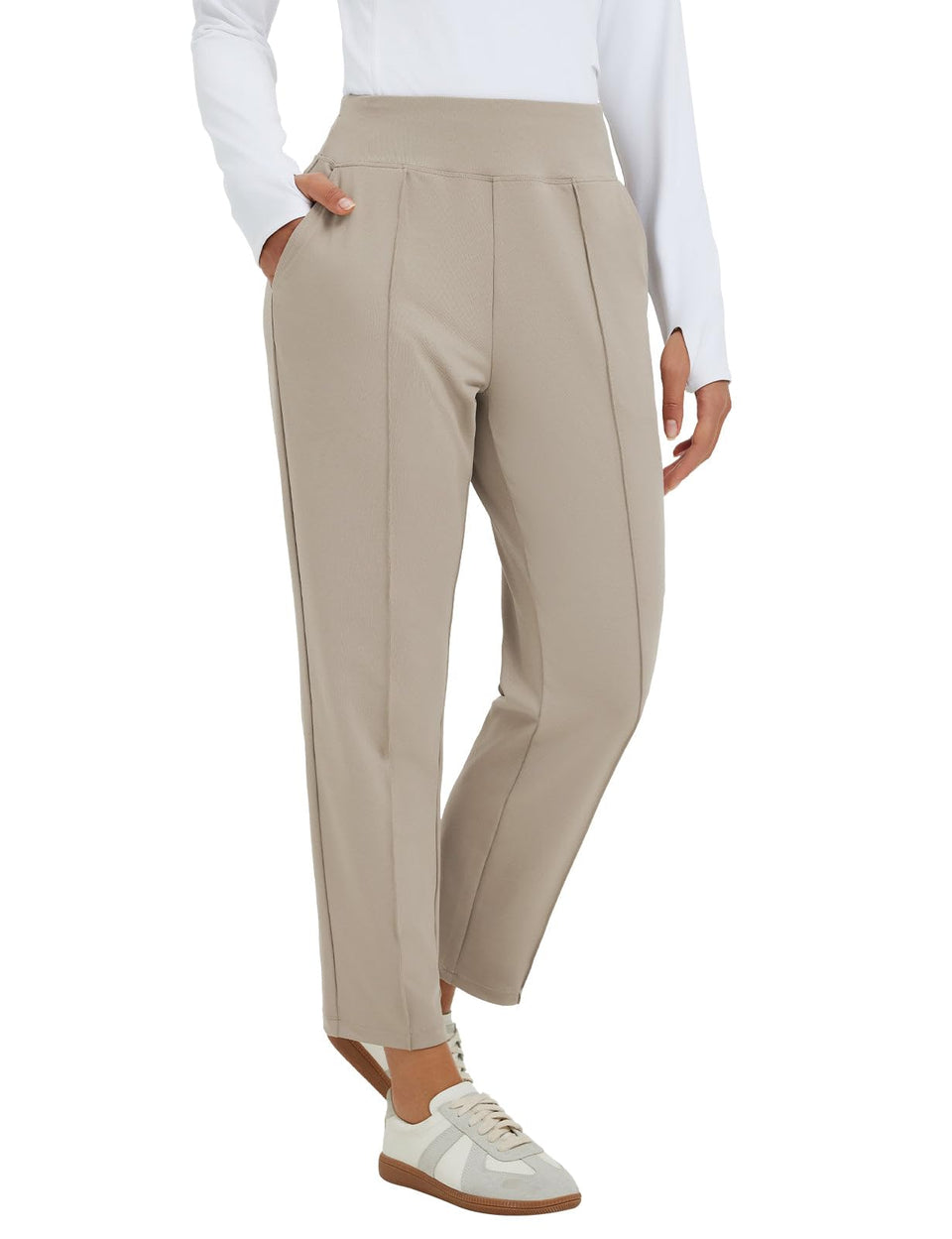 Baleaf women's khaki travel pants with stretch for unrestricted movement in travel and work.