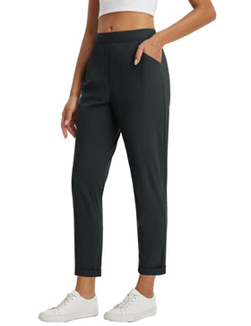 Baleaf women's petite travel pants in black with 4‑way stretch for all‑day comfort