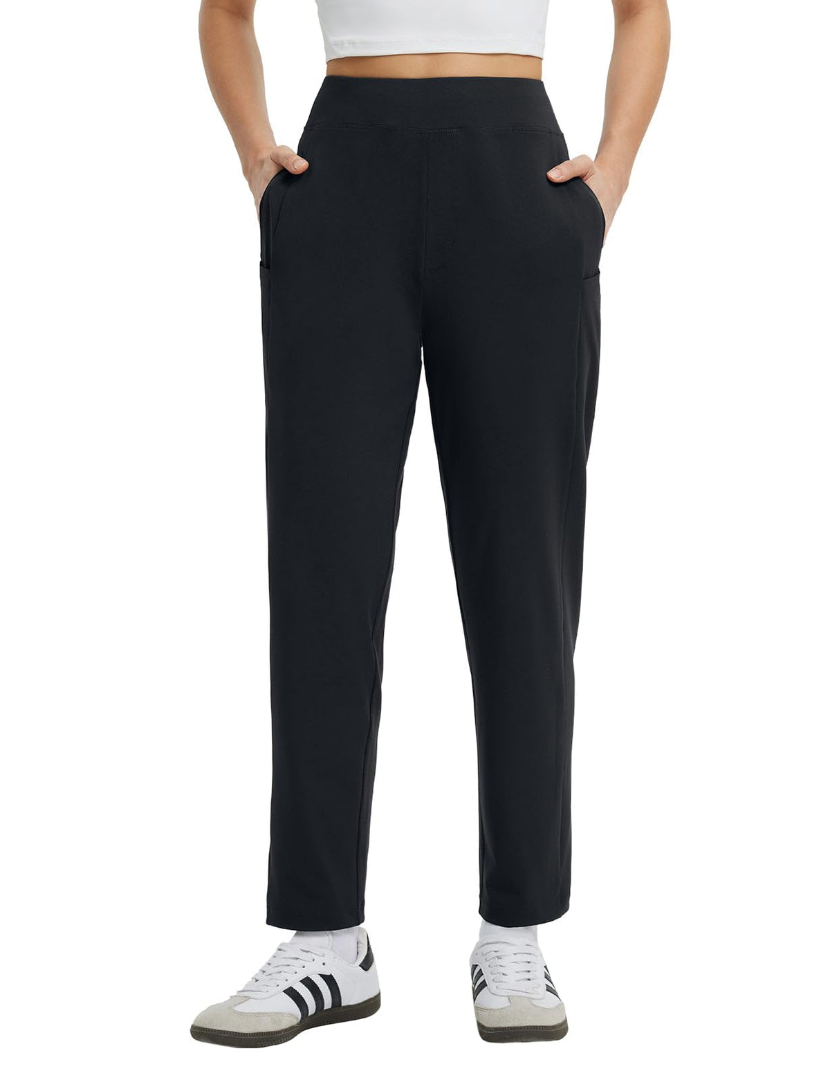 Baleaf Women's Travel Pants front view with six pockets for on-the-go organization.