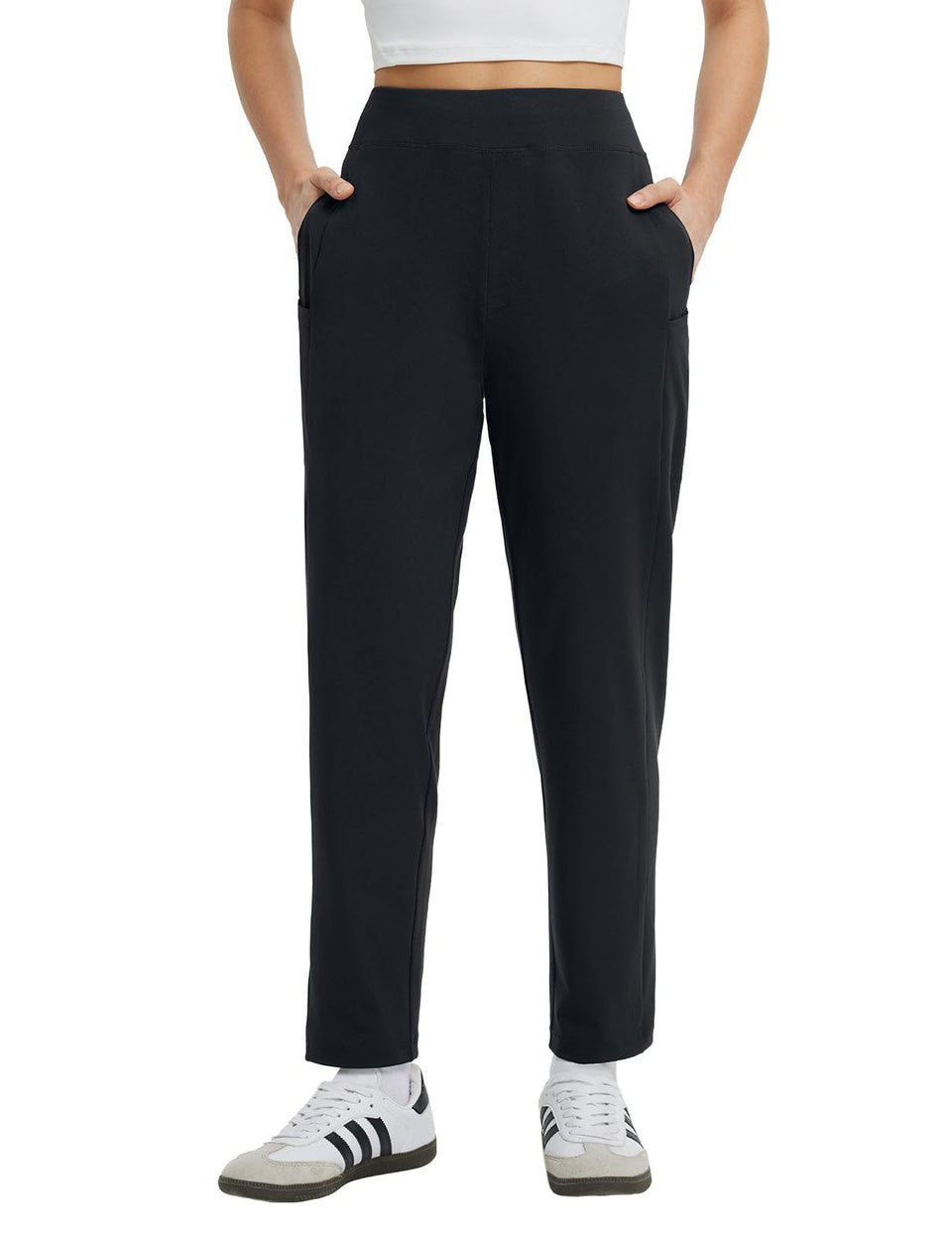 Baleaf Women's Travel Pants front view with six pockets for on-the-go organization.