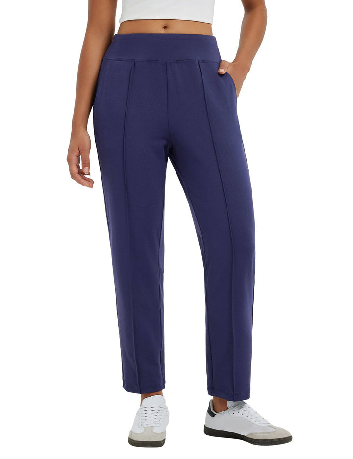 Baleaf women's travel pants stretch ankle navy showing flexible all-day comfort