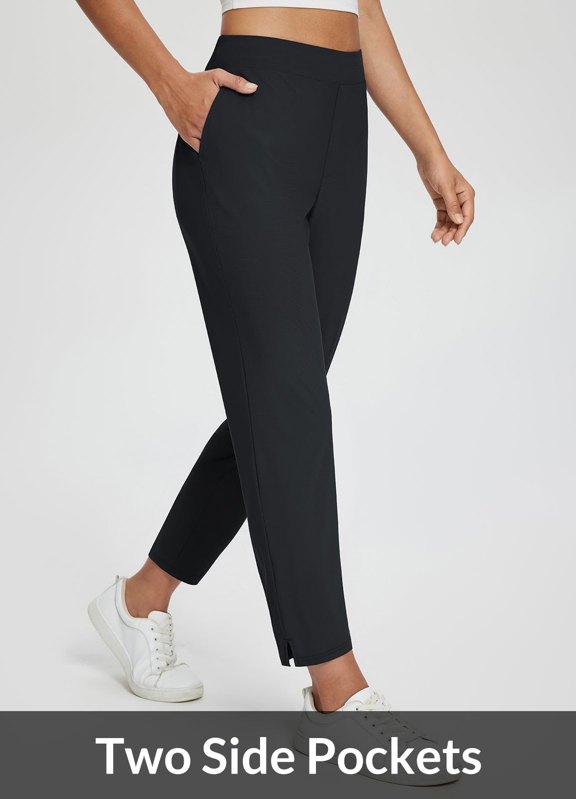 Baleaf tummy-control waistband maintains secure fit during travel and work.