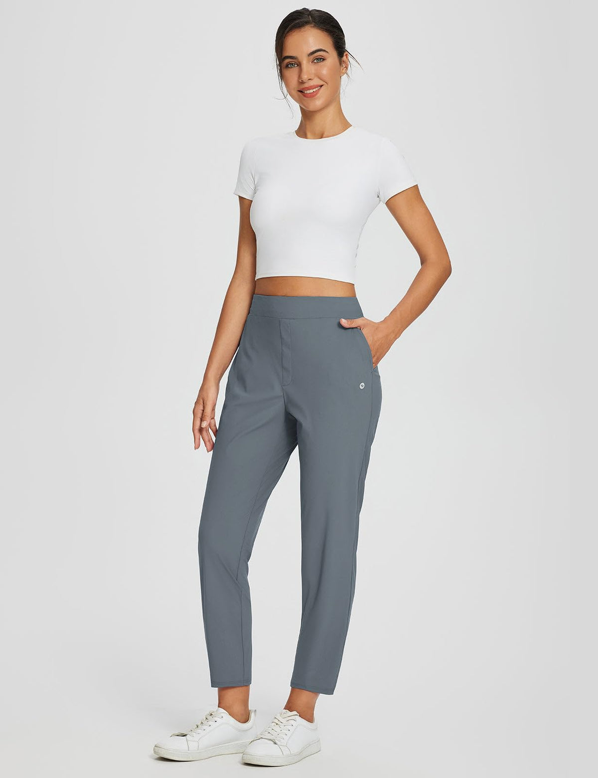 Baleaf elastic waistband with inner drawcord demonstrates secure fit for travel