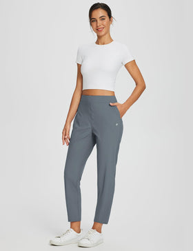 Baleaf women's work pants elastic-waistband drawcord for secure fit at work.