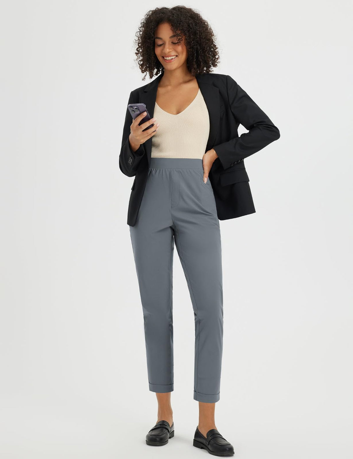 Baleaf women's work pants elastic waistband inner drawstring for secure, comfortable fit.