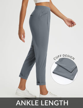baleaf women's work pants flat waistband and mock fly for formal and casual looks.