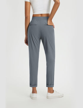 Baleaf women's work pants side profile with cuffed ankle for petite frames.