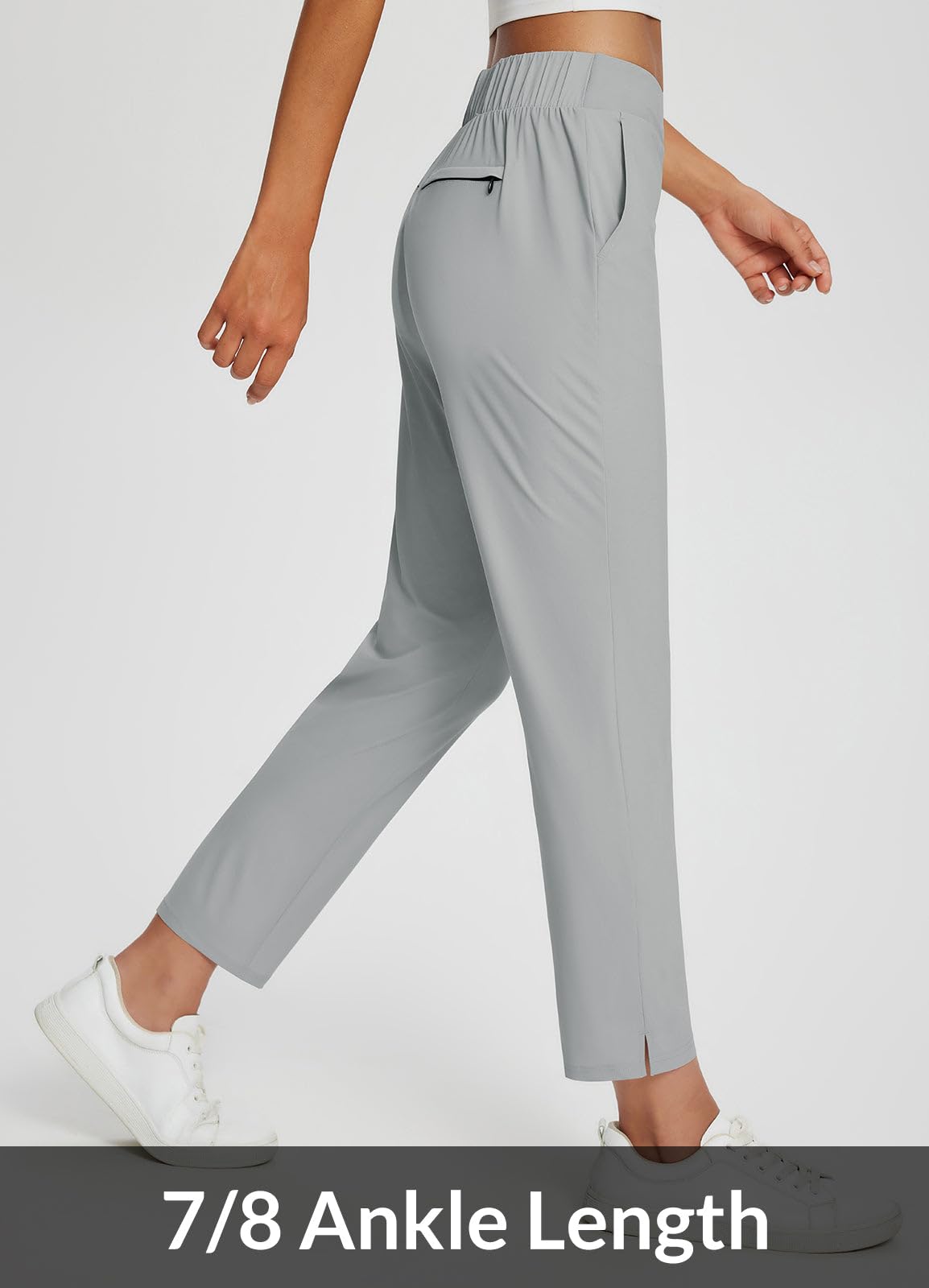 Baleaf ankle-length split-hem pants creating taller, slimmer lines.