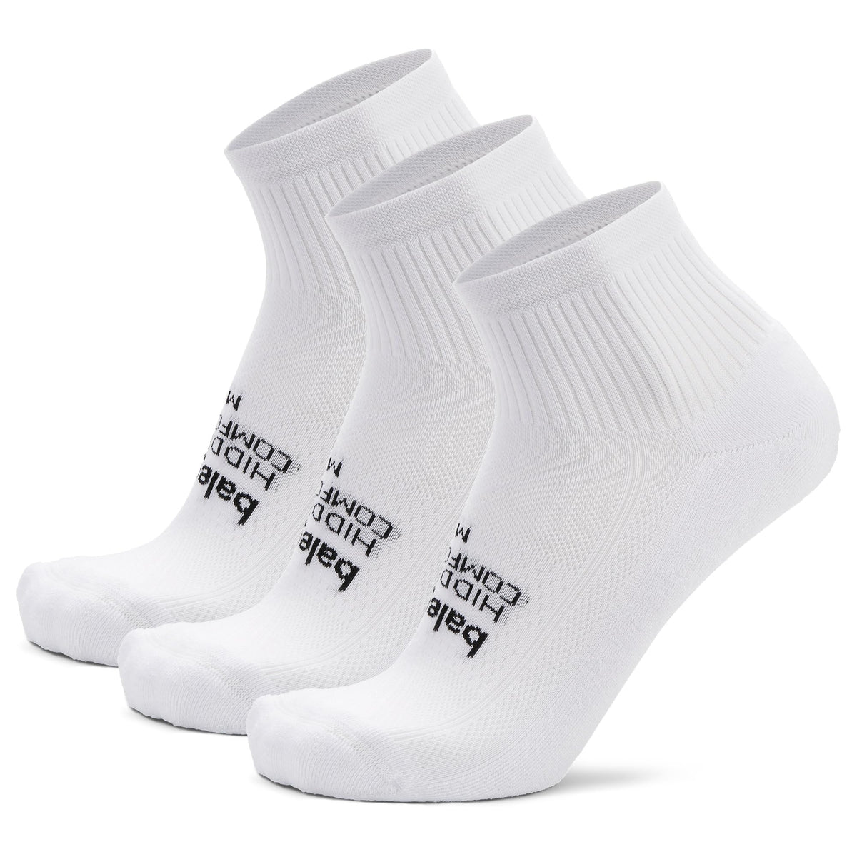 Balega Hidden Comfort quarter socks white 3-pack front view, plush cushioning for runners.