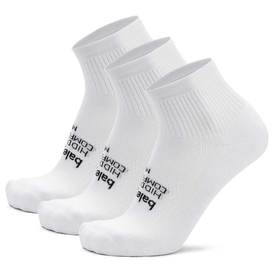 Balega Hidden Comfort quarter socks white 3-pack front view, plush cushioning for runners.