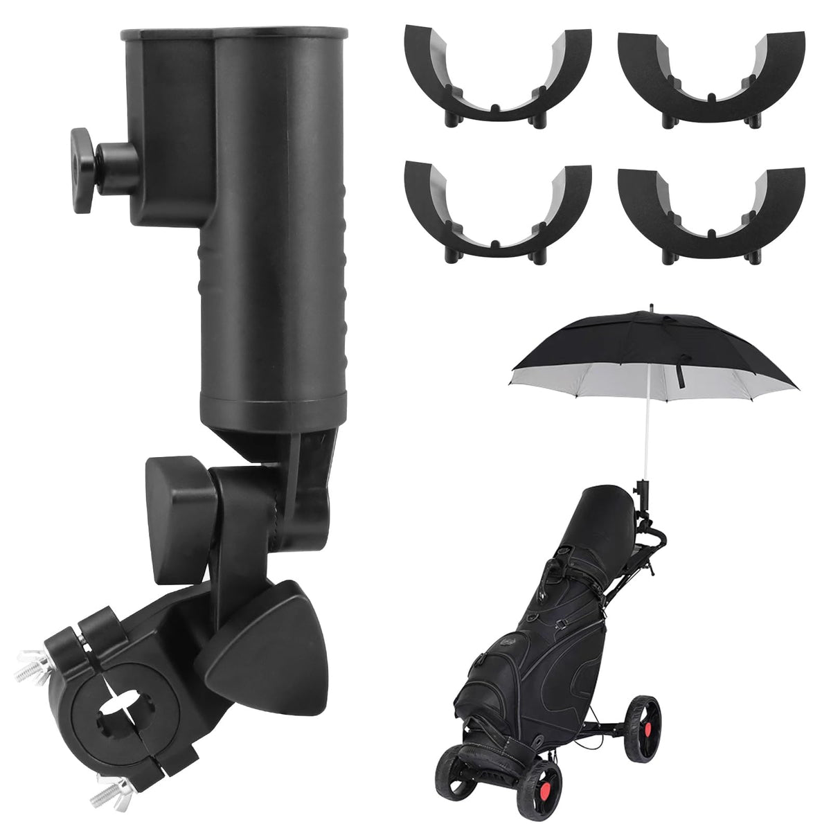 BangBoom golf push cart umbrella holder mounted on the handle showing a shaded play area