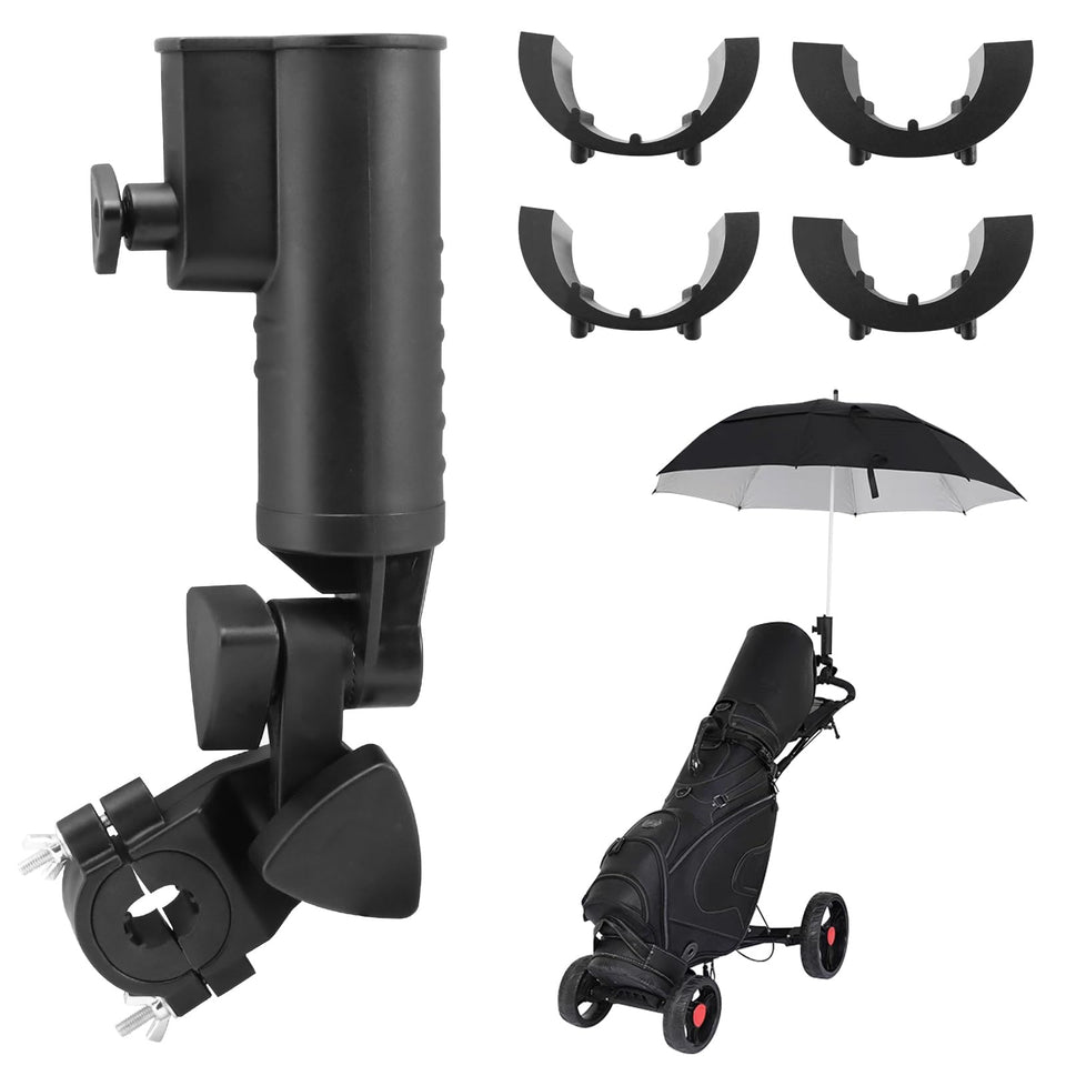 BangBoom golf push cart umbrella holder mounted on the handle showing a shaded play area