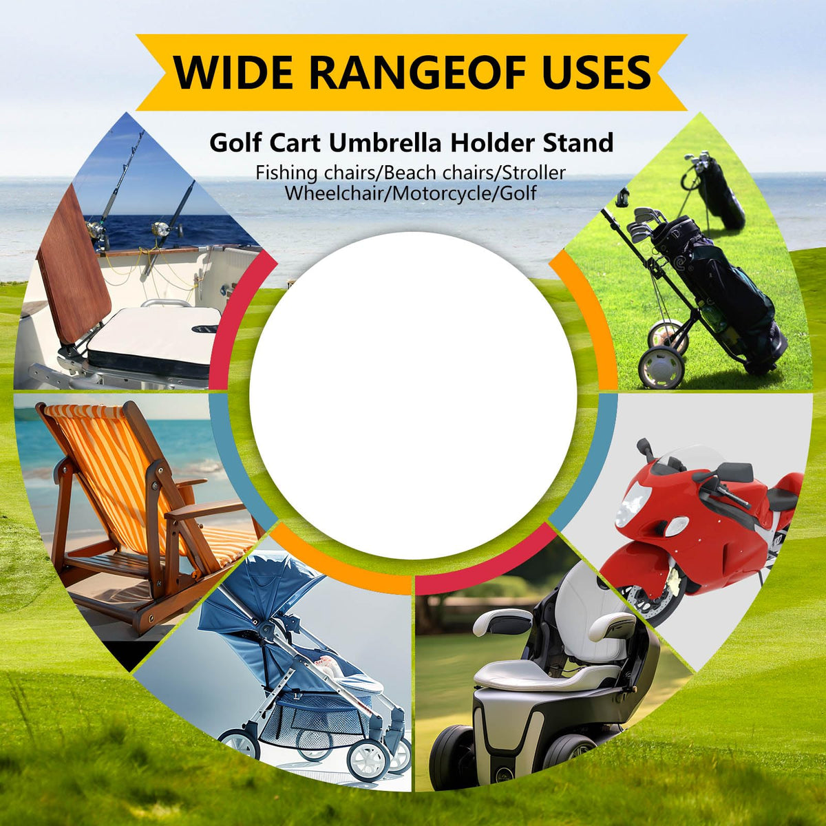 BangBoom umbrella holder shown on multiple devices like cart, bike, and stroller