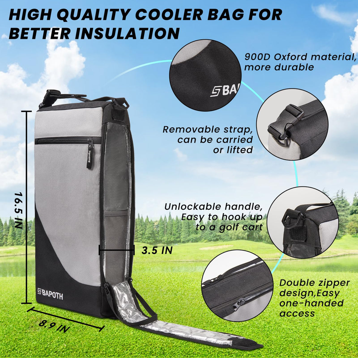 BAPOTH cooler bag with cart hook attachment to a golf cart.