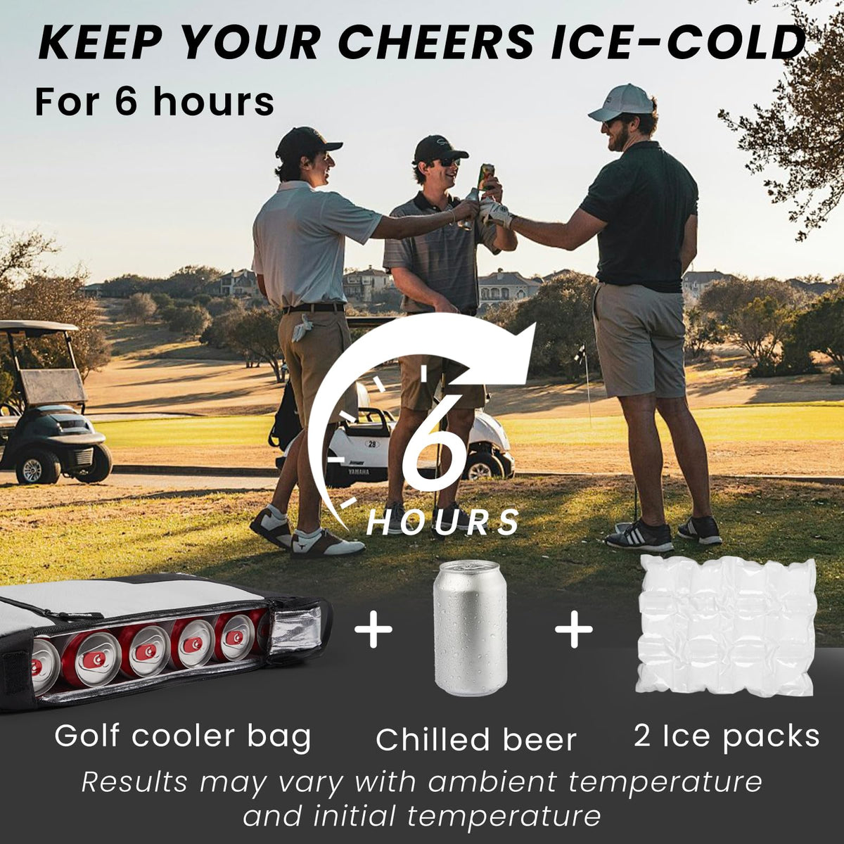 BAPOTH golf cooler bag interior shows capacity for 9 cans and snacks.