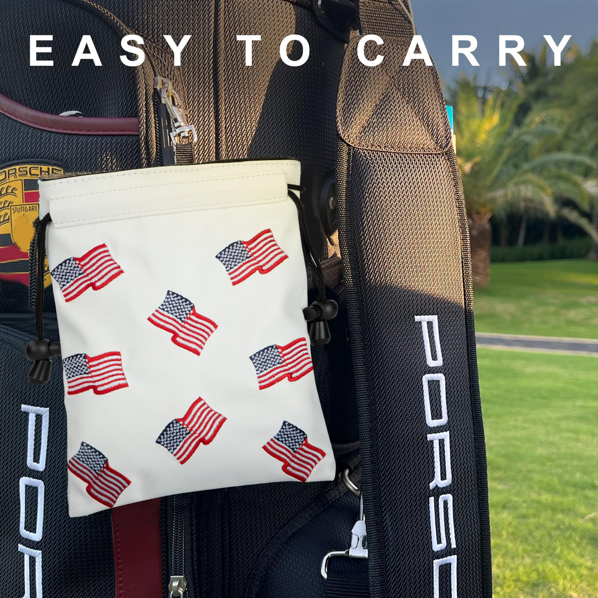 Barudan Golf drawstring closure pouch with clip for easy bag hanging.