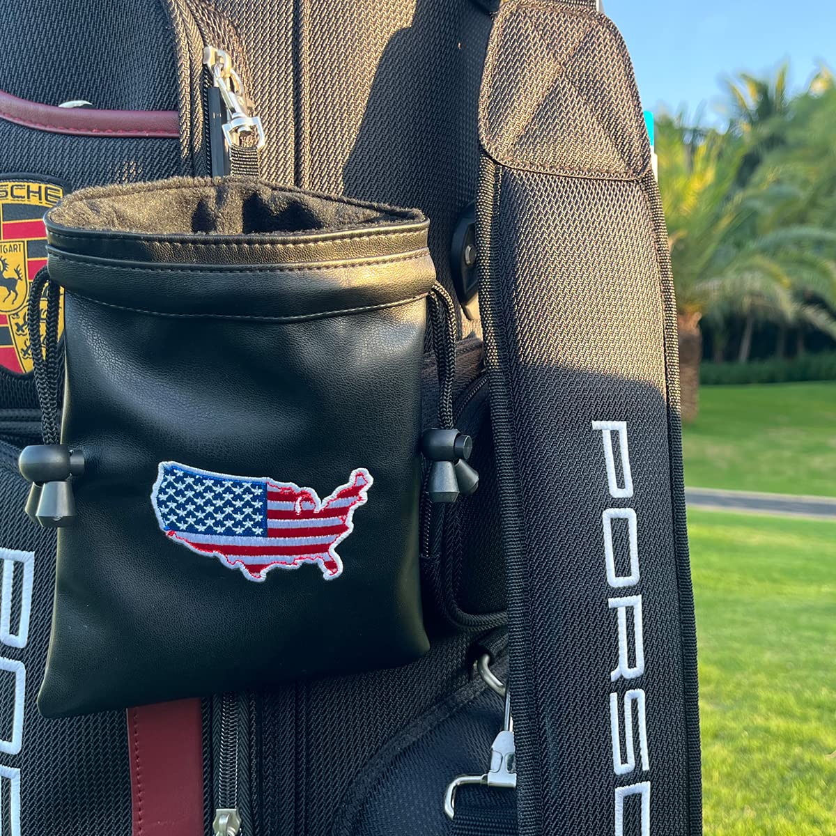 Barudan Golf PU leather drawstring pouch close-up showing durable material