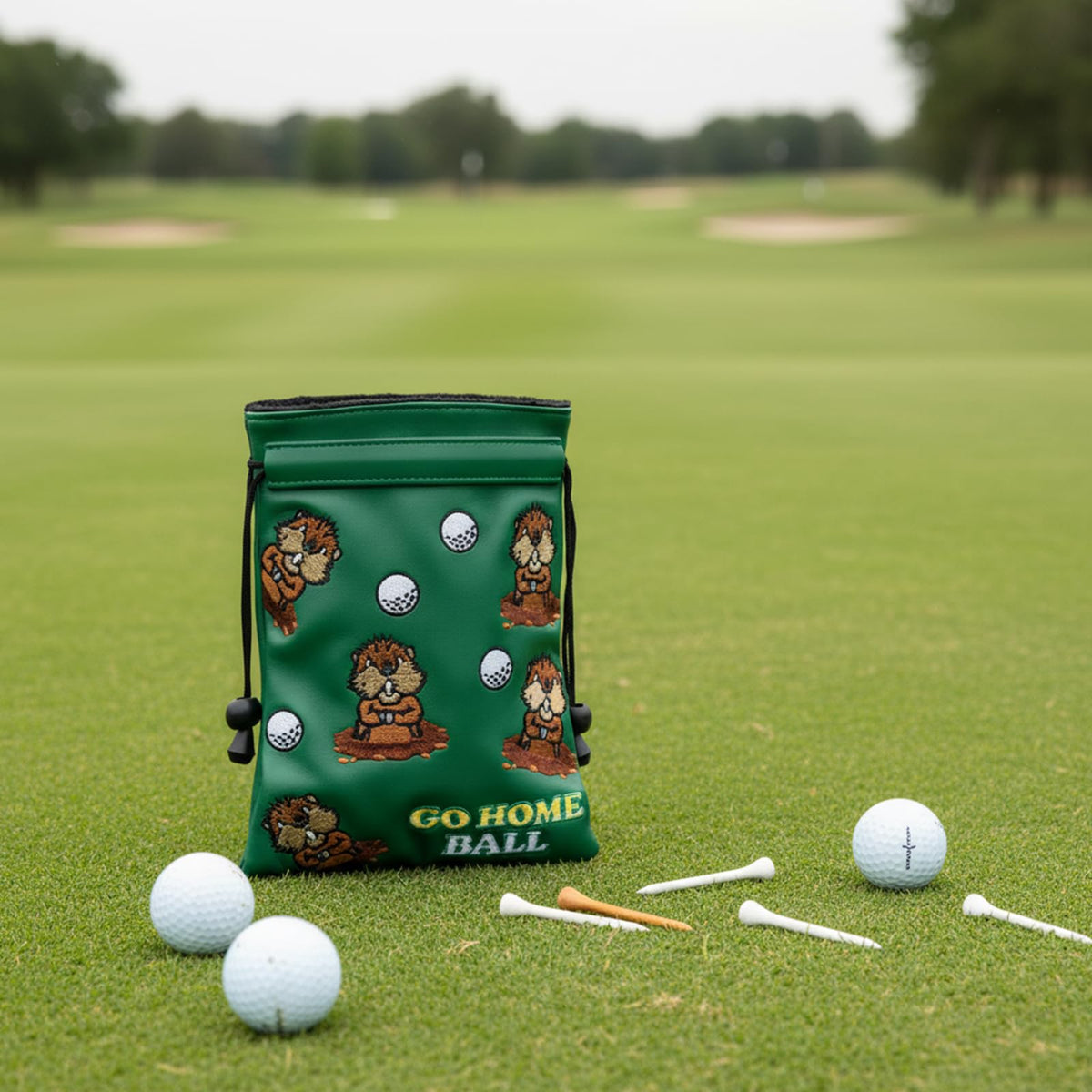 Barudan Golf PU leather green pouch closeup demonstrates waterproof, easy-clean design.