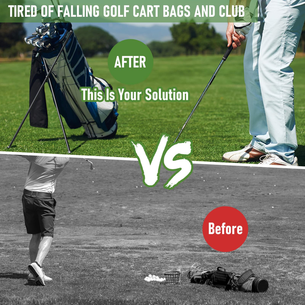 Barudan Golf stand mounted to a bag enabling hands-free club access