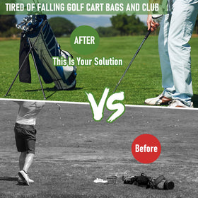 Barudan Golf stand mounted to a bag enabling hands-free club access
