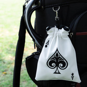 White synthetic leather pouch by Barudan Golf keeps essentials neatly organized