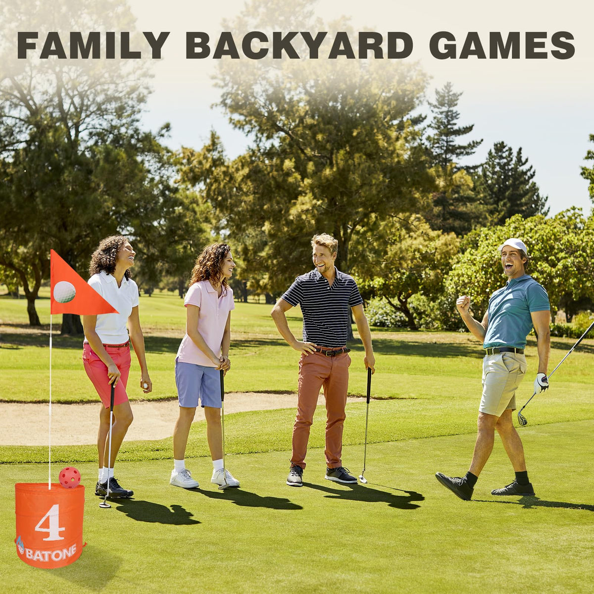 BATONE Golf Game collapsible bucket highlights easy transport and fast course assembly