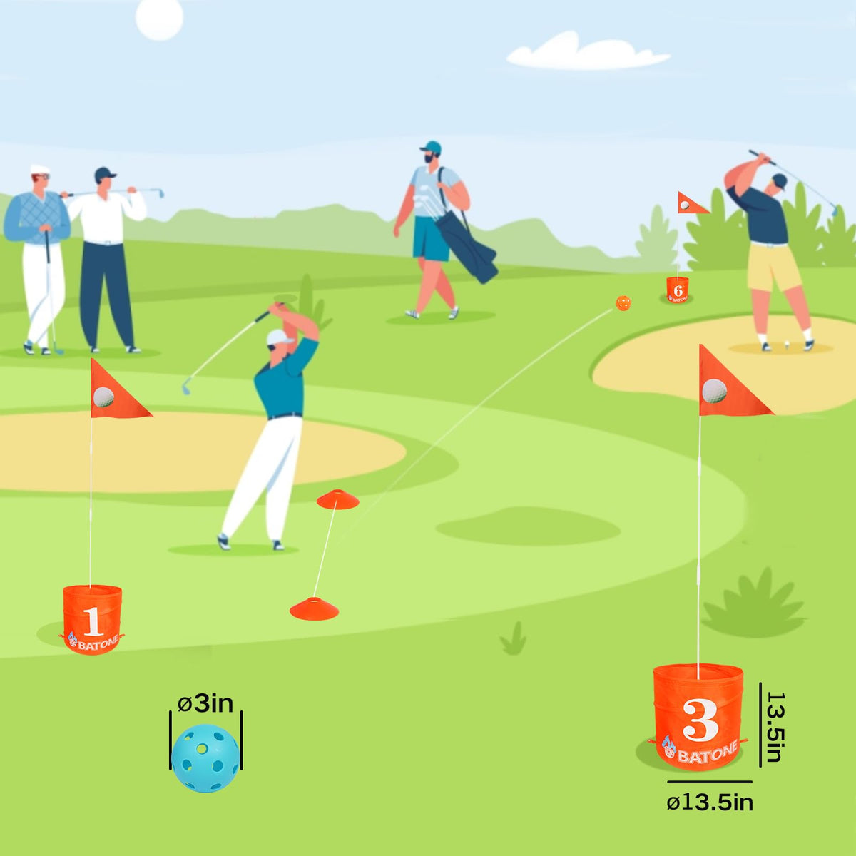 BATONE family fun outdoors on a sunny day with portable golf bucket