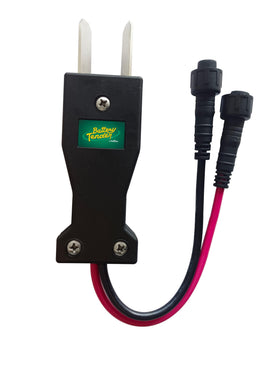 Battery Tender E-Z-GO 36V angled crow-foot plug close-up showing secure charging connection.