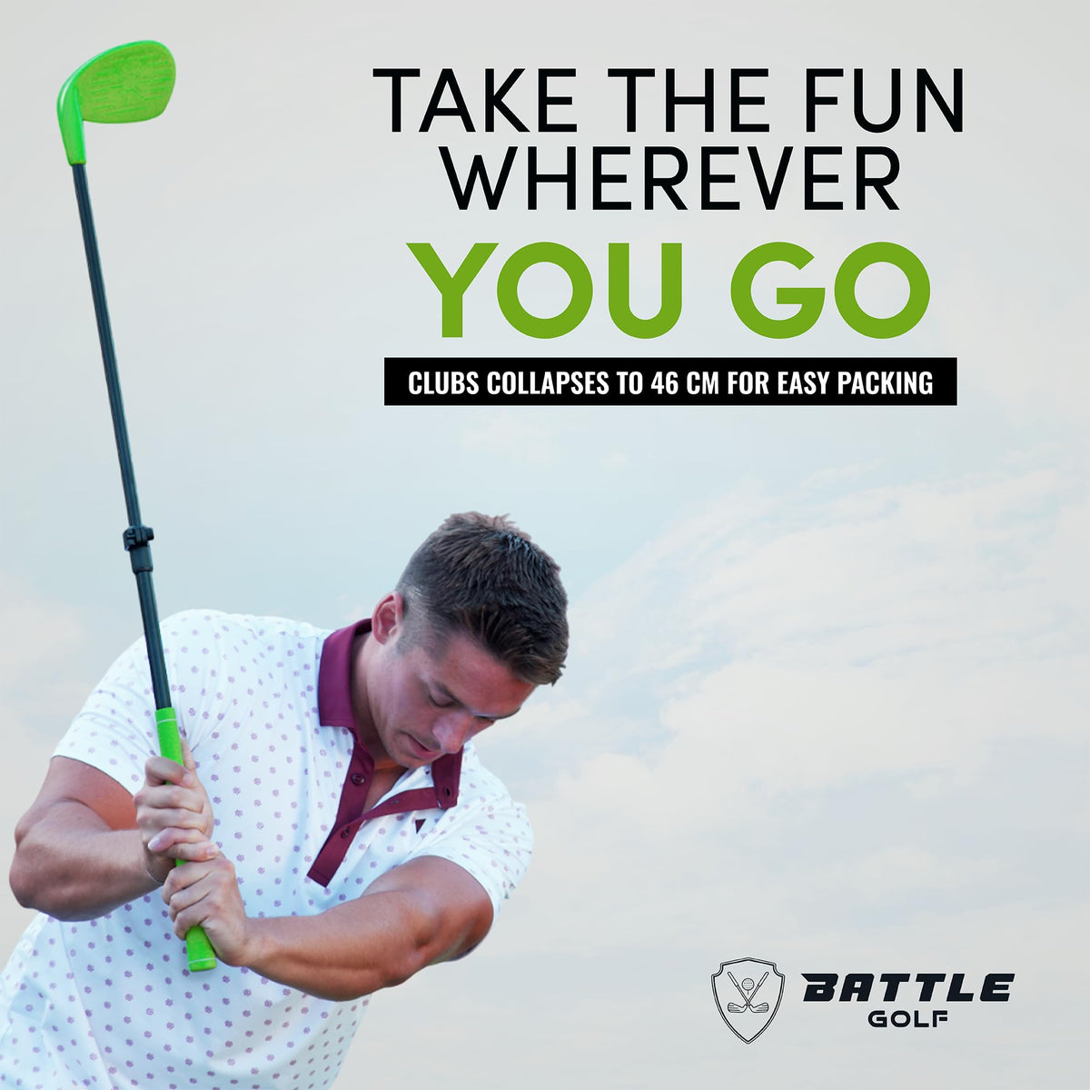 Battle Golf adult swinging adjustable club for a full-length feel.