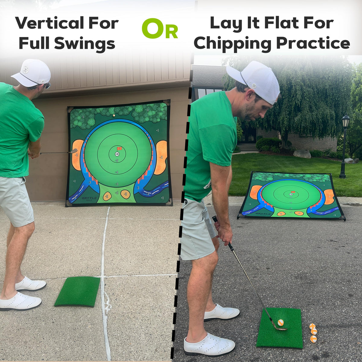Battle Golf full swing practice outdoors with portable setup