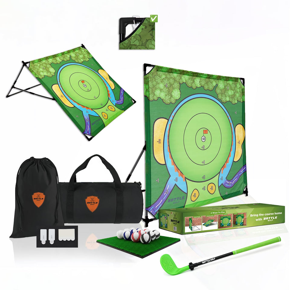 Battle Golf indoor chipping game club overhead with oversized head for accurate practice.